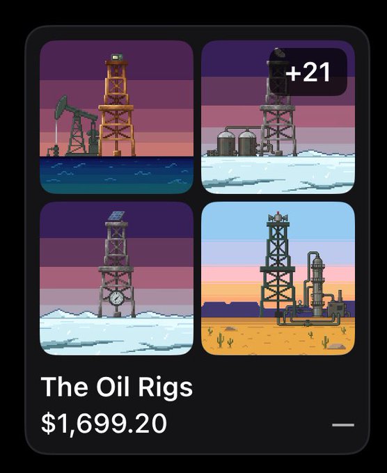 A digital collectible card titled "The Oil Rig" displays four pixel-art scenes of oil rigs across different environments (coastal, snowy, and desert) with a "+21" badge in the top right, priced at $1,699.20. The image showcases the NFT being promoted in the post, highlighting an NFT meta revival where Oil Rig holders gain access to the TEGG939 server community.