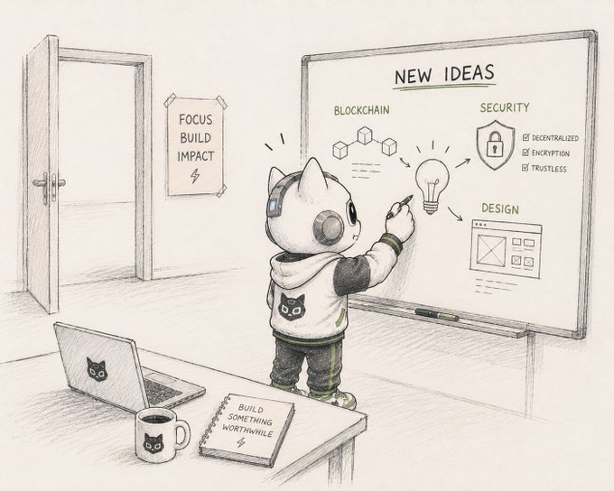 A pencil illustration of a cat-like character in a hoodie drawing on a whiteboard titled 'NEW IDEAS' with sections for Blockchain, Security (Decentralized, Encryption, Trustless), and Design, alongside motivational notes reading 'FOCUS BUILD IMPACT' and 'BUILD SOMETHING WORTHWHILE.'