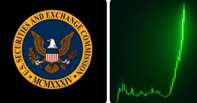 The image is a split graphic featuring the official seal of the U.S. Securities and Exchange Commission on the left and a green candlestick price chart trending sharply upward on the right, visually linking the SEC's new "Regulation Crypto Assets" proposal with a bullish crypto market response. The text "U.S. SECURITIES AND EXCHANGE COMMISSION" and the Roman numerals "MCMXXXIV" (1934, the SEC's founding year) are visible on the seal.
