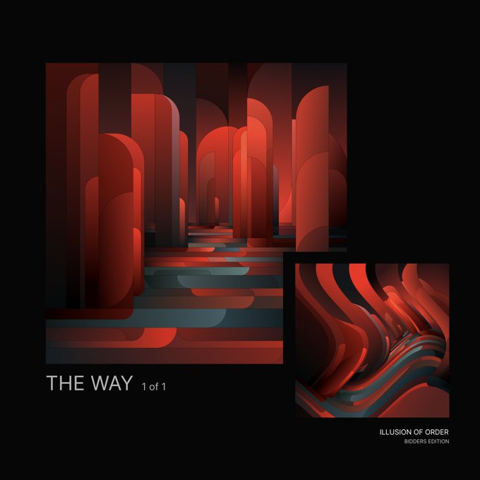 An album cover for "THE WAY" (1 of 1) featuring abstract red and teal geometric columns and arches, paired with a smaller inset image labeled "ILLUSION OF ORDER - BIDDERS EDITION," promoting a 13-hour NFT auction that has risen from 0 ETH to 0.020125 ETH with 10 bidders editions secured.