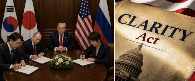 A meeting of officials representing Russia, Japan, and South Korea signs documents, alongside a scroll reading "CLARITY Act" displayed before the U.S. Capitol. The image visually underscores the post's call for the United States to pass the Clarity Act and advance its own crypto regulation, while other nations move forward.