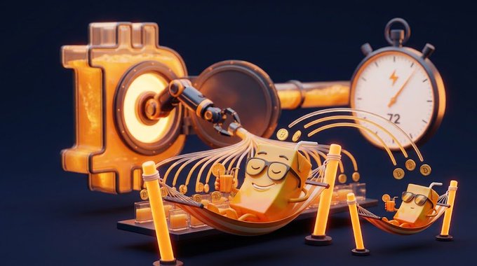 A 3D illustration depicts gold bars relaxing in hammocks, being sprayed with water from a machine resembling a Bitcoin 'B' logo, with a stopwatch visible in the background.