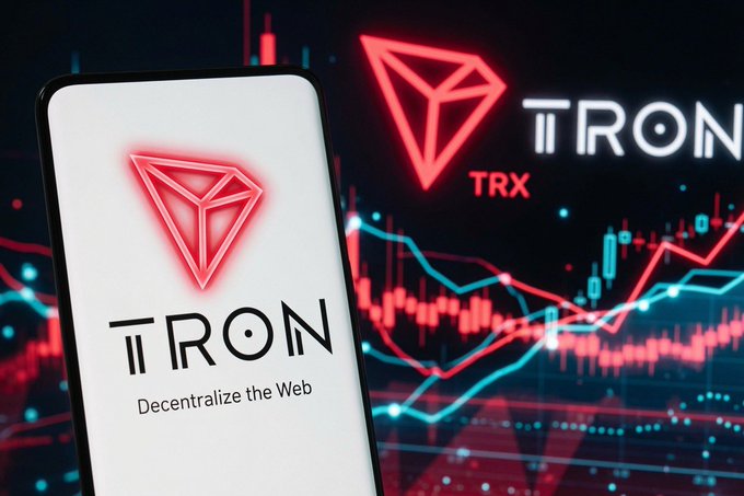 The image features a phone displaying the logo for "TRON" cryptocurrency with a text overlay that says "Decentralize the Web" along with the word "TRON". The background of the picture has an abstract design, composed of various shades of red and blue colors on a black backdrop. There is also a second image present in the scene, which appears to be a logo for another cryptocurrency or website within this same abstract design.