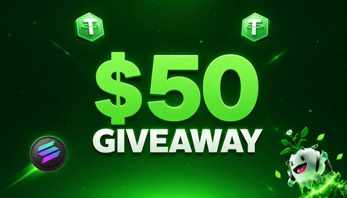 A green promotional graphic announces a "$50 GIVEAWAY" featuring Tether (USDT) and Solana (SOL) logos at the top, with a Solana mascot in the bottom right corner, visually matching the post's prize details for the social media giveaway contest.