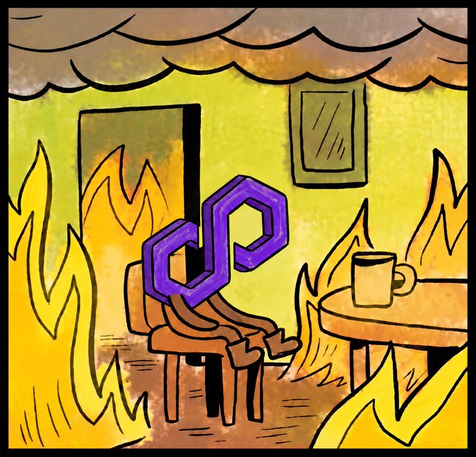 A colorful cartoon illustration of a figure with a purple chain-link shaped head sitting on a chair in a burning room with flames surrounding a table holding a mug.