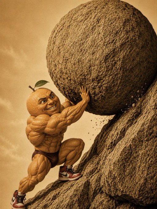 A muscular cartoon figure with an orange for a head straining to push a massive boulder up a steep, rocky slope, embodying the relentless grind and perseverance of $udin holders chasing their financial bags.