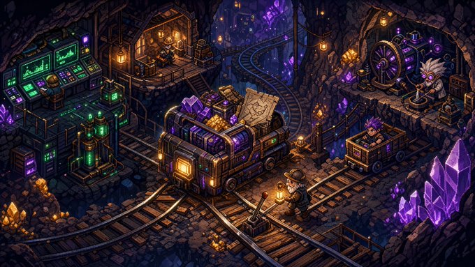 A lone miner with a glowing lantern pushes a cart loaded with purple crystals along winding minecart tracks inside a crystal-filled cavern, surrounded by complex mining rigs and monitoring equipment that hint at the humble beginnings of a vast underground operation. The image visually echoes the post's theme by depicting a solitary figure and a single mining setup—the foundational "one miner, one rig" moment—nestled within the dark "Crypto Depths," symbolizing the origin story before the rise of larger guilds and industrial-scale mining empires.