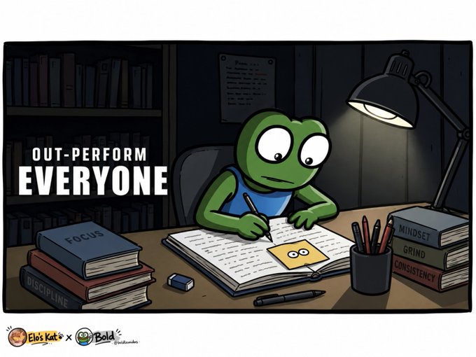 An illustration of a green frog character studying at a desk under a lamp, surrounded by books labeled 'FOCUS', 'DISCIPLINE', 'MINDSET', 'GRIND', and 'CONSISTENCY', with the motivational text 'OUT-PERFORM EVERYONE'.