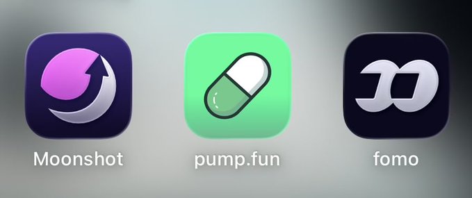 Three crypto trading platform app icons displayed side by side on a blurred background: a dark purple "Moonshot" icon featuring a pink crescent moon, a green "pump.fun" icon showing a pill capsule, and a dark "fomo" icon with a stylized arrow logo, representing the competitive trading app choices mentioned in the post.