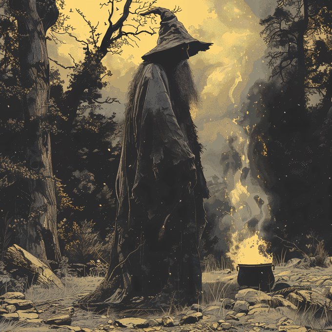 A dark fantasy illustration of a hooded wizard figure with long beard standing beside a glowing fire in a misty forest at twilight.