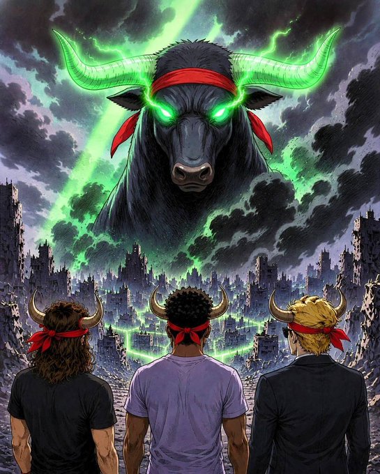 Three figures with bull horns and red headbands stand facing a massive, glowing green-eyed bull emerging from stormy clouds above a ruined cityscape, visually echoing the post's defiant message of rewarding retail holders with an instant $1,000 $ANSEM airdrop instead of extracting value like Wall Street.