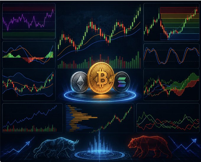 Stylized cryptocurrency trading dashboard showing multiple candlestick charts with bullish (blue bull) and bearish (red bear) indicators surrounding prominent Bitcoin, Ethereum, and Solana coins.