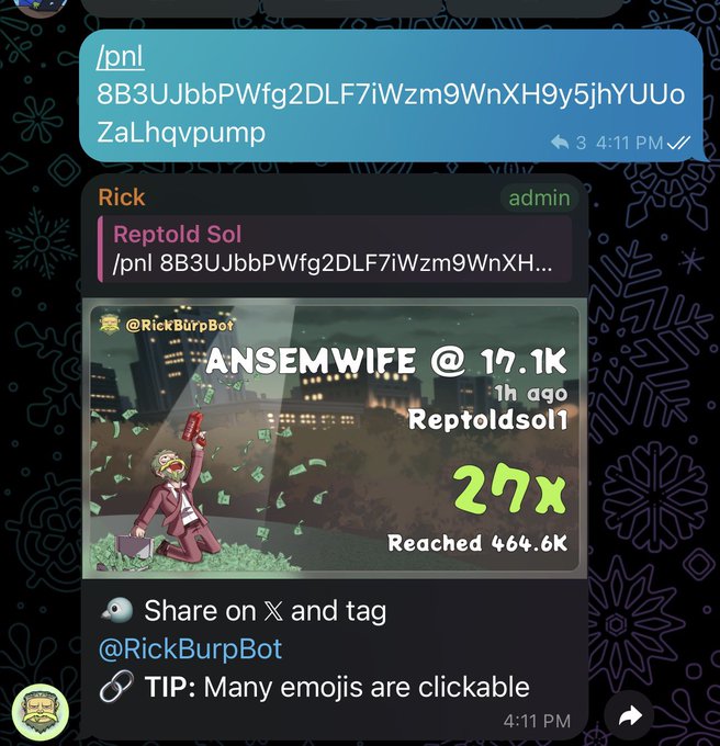 A Telegram chat screenshot shows a message from 'Rick' (admin) titled 'Reptold Sol' promoting '@RickBurpBot', featuring an image of an anime character celebrating with money that reads 'ANSEMWIFE @ 17.1K', 'Reptoldsol1', '27x', and 'Reached 464.6K', along with instructions to share on X and tag @RickBurpBot.