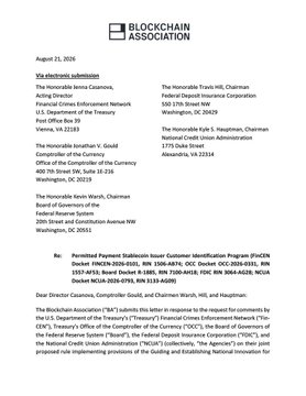 The image shows an August 21, 2024 letter from the Blockchain Association addressed to regulators at the Federal Reserve, OCC, NCUA, FinCEN, and Treasury, signed by Policy Director Nathan McCauley and Legal Director Marisa Coppel, offering comments on the proposed "Permitted Payment Stablecoins Issuer Customer Identification Program (PCIP)" rules.

The accompanying post relates to this letter as the Blockchain Association's filing expressing support for the customer identification approach while requesting key clarifications regarding stablecoin issuer regulations.