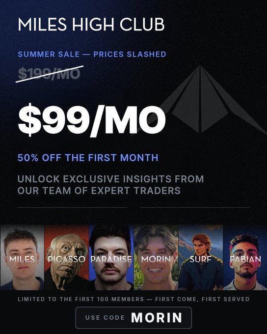 An advertisement for 'MILES HIGH CLUB' offering a summer sale at $99/mo with a promo code 'MORIN', featuring trader portraits.