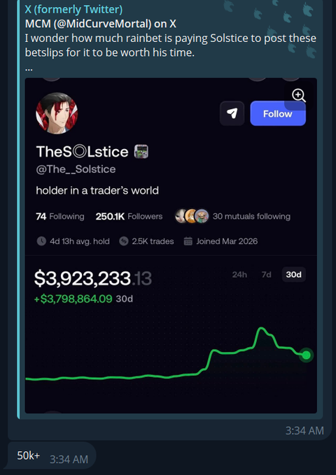 A Discord post by MCM (@MidCurveMortal) screenshots the X profile of crypto trader "TheSolstice" (@The__Solstice), highlighting his $3,923,233 PnL (+$3,798,864 over 30d) alongside a snarky comment wondering how much Rainbet pays him to promote them. The accompanying context suggests MCM is arguing that Solstice earns $50K+/month from Rainbet sponsorships, meaning he'd need 90+ months of such deals to match his $3.9M unrealized trading PnL.