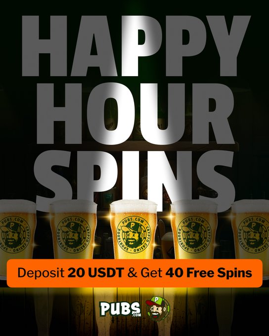 Promotional advertisement for 'Happy Hour Spins' featuring beer glasses, offering 'Deposit 20 USDT & Get 40 Free Spins' from PUBS.com.