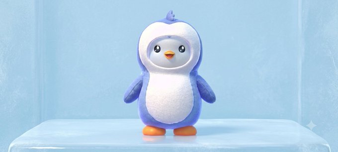 A 3D render of a cute cartoon penguin character with purple and white plumage standing inside a blue ice block.