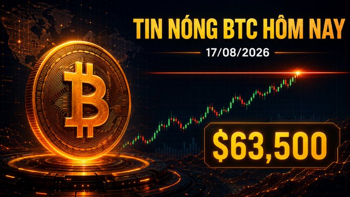 A Bitcoin news graphic in Vietnamese ('TIN NÓNG BTC HÔM NAY') dated 17/08/2026, displaying a glowing Bitcoin coin next to a bullish price chart and a price of $63,500.