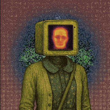 A dystopian-style illustration of a figure in a yellow coat whose head is a vintage TV displaying a glowing skull face, set against a digital pixelated backdrop.
