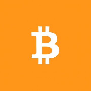 An orange square featuring a white Bitcoin logo (₿).