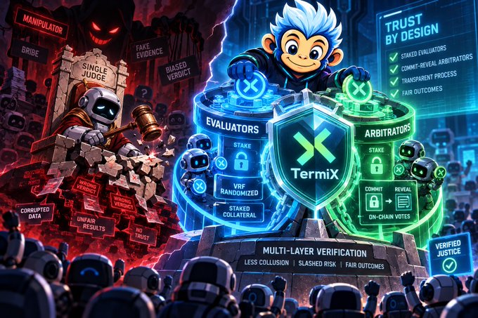 A promotional graphic for TermiX featuring a cartoon monkey judge and contrasting imagery of corrupt manipulation (with text like 'MANIPULATOR', 'BIASED VERDICT', 'CORRUPTED DATA') versus trustworthy design ('TRUST BY DESIGN', 'STAKED EVALUATORS', 'COMMIT-REVEAL ARBITRATORS', 'TRANSPARENT PROCESS', 'MULTI-LAYER VERIFICATION').
