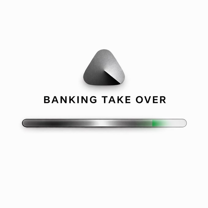 A silver triangular logo sits above the text "BANKING TAKE OVER" on a clean white background, with a green-tipped progress bar underneath—reinforcing the post's narrative of Avici's gradual, measured approach to disrupting the crypto card space through deliberate onboarding over reward chasing.