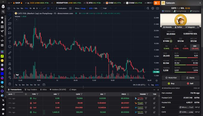 A cryptocurrency trading platform screenshot showing the CATE/SOL pair chart on Pumpswap, with a price around $13.504 and a recent downtrend visible in the candlestick chart.
