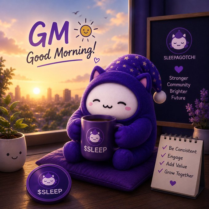 The image features a cute purple stuffed animal wearing a sleep hat sitting next to a coffee cup with a "Good Morning!" message written above it. The scene also includes a notebook, a pen, and some potted plants placed around the room. The caption of the image reads: "Good morning CT Every strong ecosystem starts with a community that shows up consistently. That’s what keeps me interested in @sleepagotchi".