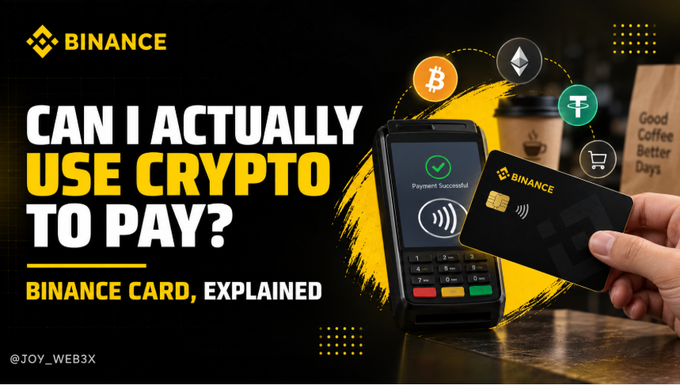 A Binance promotional graphic asking 'CAN I ACTUALLY USE CRYPTO TO PAY?' featuring a hand holding a Binance card near a contactless payment terminal.