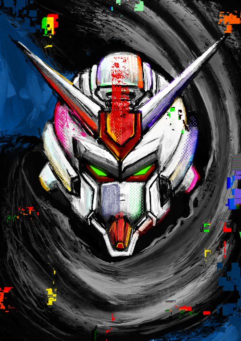Stylized artwork of a Gundam-style mecha head with glowing green eyes, set against a dark, swirled background with colorful glitch effects.