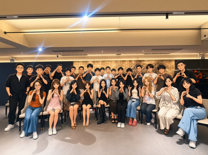 A large group of around 25 attendees, including women seated in the front row and men standing behind them, pose together making heart gestures with their hands during what appears to be an indoor dinner gathering or networking event. The caption notes this image captures the "predict.fun" closed-door meeting following BTC Asia, where prediction players, KOLs, ambassadors, community members, and partners came together, with the heart poses reflecting the warm appreciation shown in the post.