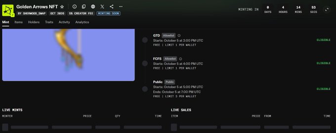 The Golden Arrows NFT minting page showing various mint phases including GTD, FCFS, and Public, with start times of 4:00 PM and 6:00 PM UTC on October 6th.
