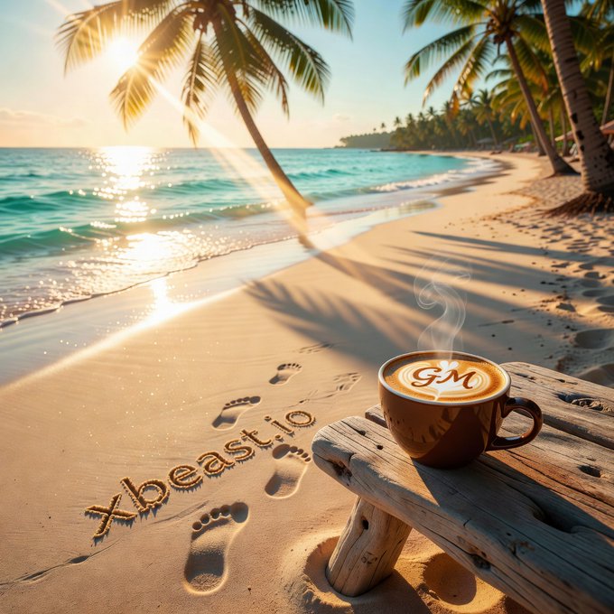 A tropical beach scene at sunset features footprints in the sand near text reading 'xbeast.io', alongside a coffee cup with 'gm' latte art and steam rising on a wooden table.