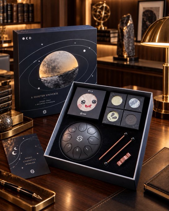 A product box labeled 'A QUIETER UNIVERSE' featuring a moon design, displayed with a black spherical instrument and accessories on a wooden desk.