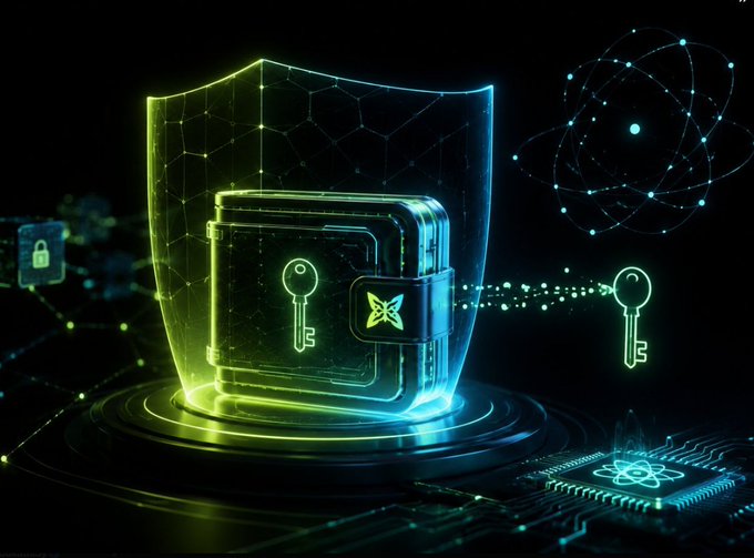 A digital illustration depicts a glowing blue and green treasure chest with keys floating around it, set against a dark background with molecular structures and circuit patterns.