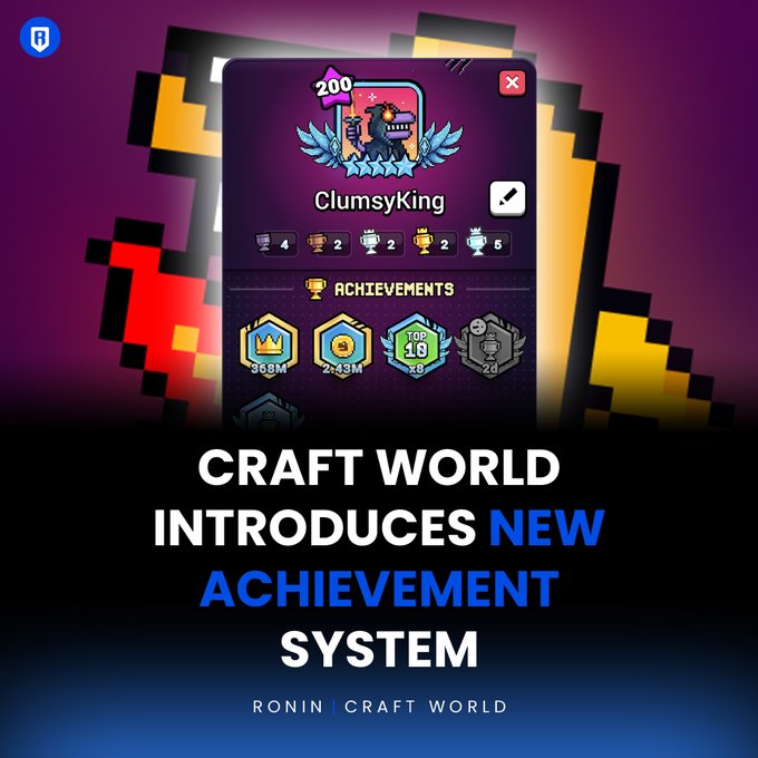The image is a promotional graphic featuring a player profile card for "ClumsyKing" (level 200) with badges showing arena rankings and a new achievements section displaying milestones like "369M," "2243M," "TOP 10 x8," and "2D." The bold text reads "CRAFT WORLD INTRODUCES NEW ACHIEVEMENT SYSTEM," highlighting the platform's fresh way to track and compare player progress.