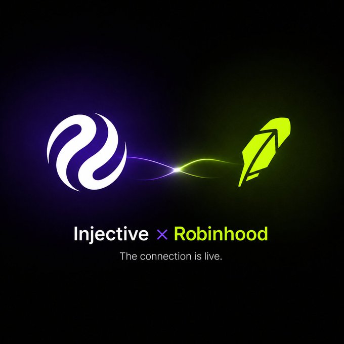 The image displays a partnership announcement between Injective and Robinhood, featuring the Injective logo (a purple circular emblem) on the left and the Robinhood feather logo (in green) on the right, connected by a glowing purple and green energy line. The text reads "Injective × Robinhood" with the tagline "The connection is live," visually reinforcing the post's message about $INJ being listed on Robinhood while Robinhood tokens are now available on Injective, symbolizing the bridge between Robinhood's tokenized assets and Injective's onchain financial infrastructure.