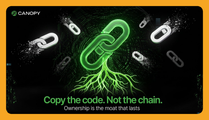 A Canopy advertisement displays a green glowing chain link with roots, promoting the slogan 'Copy the code. Not the chain. Ownership is the moat that lasts'.