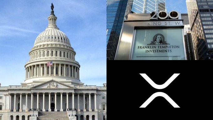 A collage showing the U.S. Capitol building, a "Franklin Templeton Investments" office at 200 King St. W., and the XRP cryptocurrency logo, visually tying together the financial giant's recent commentary suggesting the CLARITY Act could channel $1.6 trillion in institutional capital into XRP.