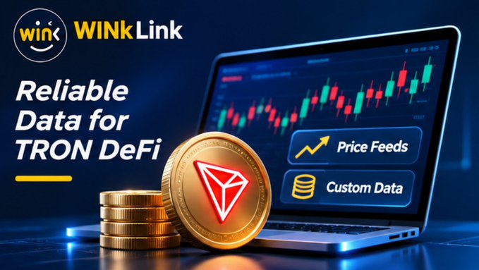 A crypto advertisement for “WINKLink” reads “Reliable Data for TRON DeFi,” “Price Feeds,” and “Custom Data,” alongside a laptop, TRON coin, and stacked gold coins.