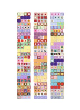 The image features a 3x3 grid of colorful squares, each with different colors such as pink, blue, green, yellow, orange, purple, and white. The arrangement of these squares creates an abstract pattern that appears to be a part of a larger design or composition. The post suggests that this particular style is not meant to last long and may not come back.