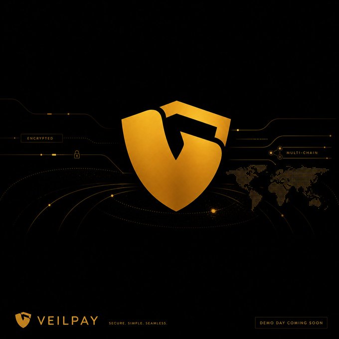 A promotional graphic for VEILPAY with the tagline 'SECURE. SIMPLE. SEAMLESS.' featuring a gold shield logo, 'ENCRYPTED' and 'MULTI-CHAIN' labels, and 'DEMO DAY COMING SOON' text.