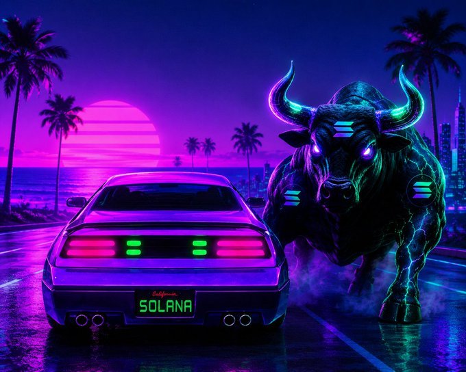 A neon-lit cyberpunk scene features a purple sports car with a "SOLANA" license plate next to a glowing, electric bull, set against a retro sunset backdrop of palm trees and ocean—perfectly capturing the vibrant, bullish energy of the Solana crypto vibe.