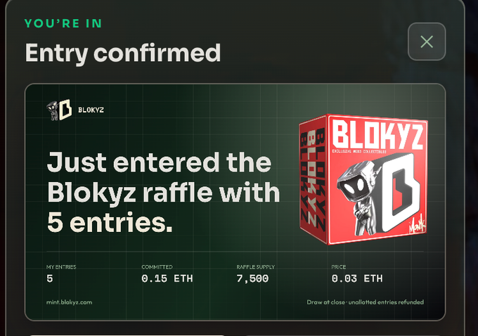 An NFT raffle confirmation screen showing 'Entry confirmed - YOU'RE IN' for Blokyz, displaying 'Just entered the Blokyz raffle with 5 entries', with 5 my entries, 0.15 ETH committed, 7,500 raffle supply, and 0.03 ETH price.