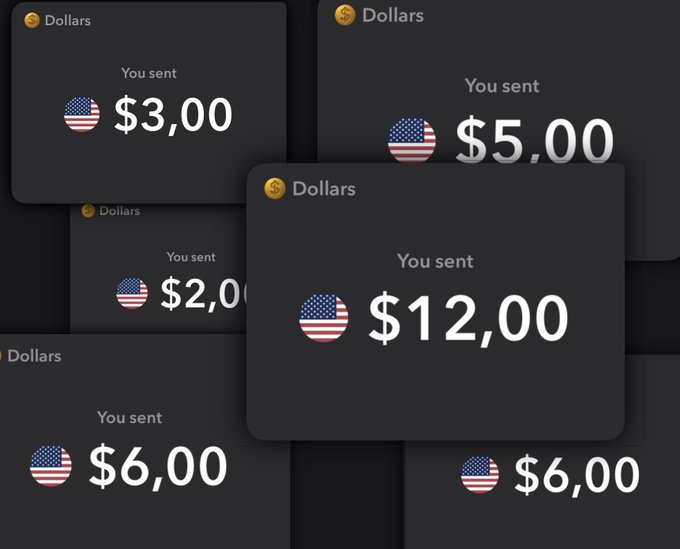 Multiple digital payment notification cards display dollar amounts sent, including $2.00, $3.00, $5.00, $6.00, and $12.00, each marked with a US flag emoji.
