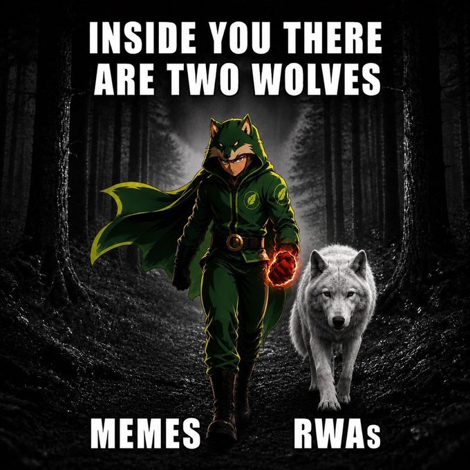 A hooded wolf warrior stands beside a glowing red fist next to a real wolf in a dark forest, with text reading "INSIDE YOU THERE ARE TWO WOLVES" labeling the figures as "MEMES" and "RWAs." The image ties to the Robinhood-themed community excitement, blending the meme culture with the anticipation around Saitama in Hood's return.