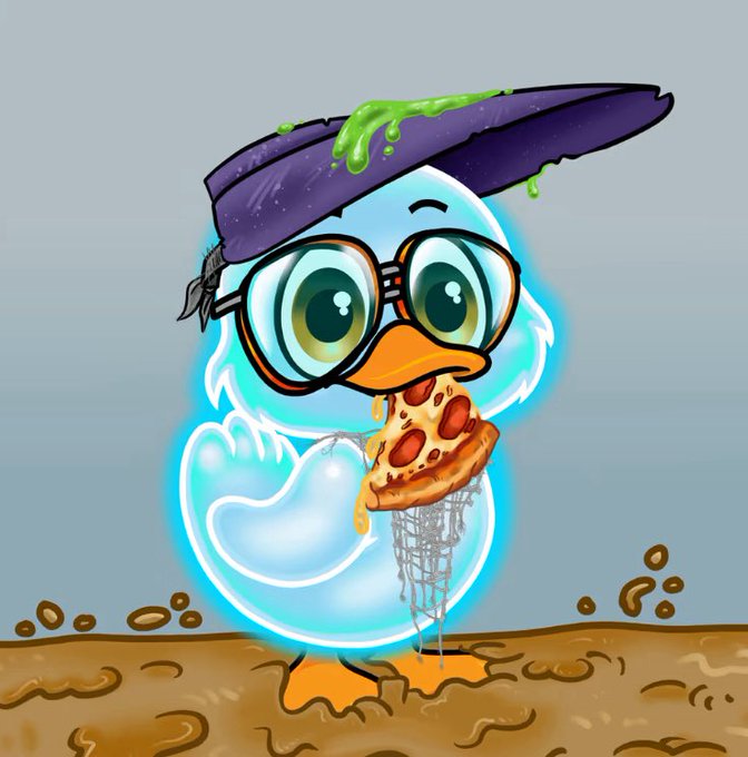 A digital illustration depicts a blue ghost-like duck wearing glasses, with a purple eggplant-like object on its head dripping green liquid, holding a slice of pizza while standing on muddy ground.
