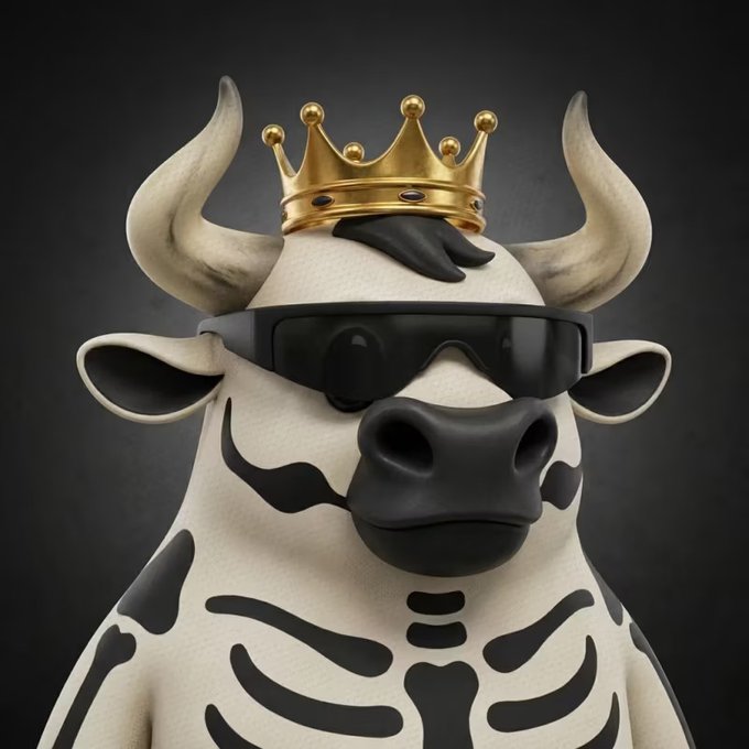 A stylized bull skeleton character wearing a gold crown and dark sunglasses is depicted against a black background.
