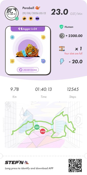 STEPN app workout summary screenshot showing Parabell at Level 24 jogging 9.78 km in 1:40:13 for 23.0 GST/Min earnings, featuring a tiger sneaker NFT.